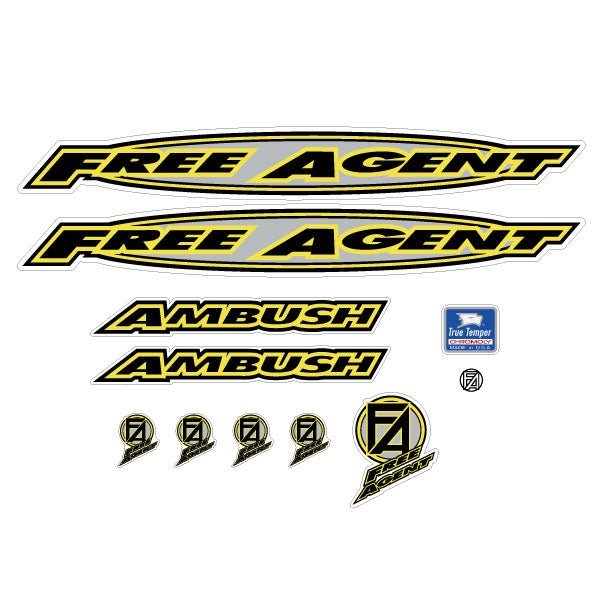 Free Agent - 96 Ambush - Yellow Black & Silver clear decal set - old school bmx - Bmx Products AU