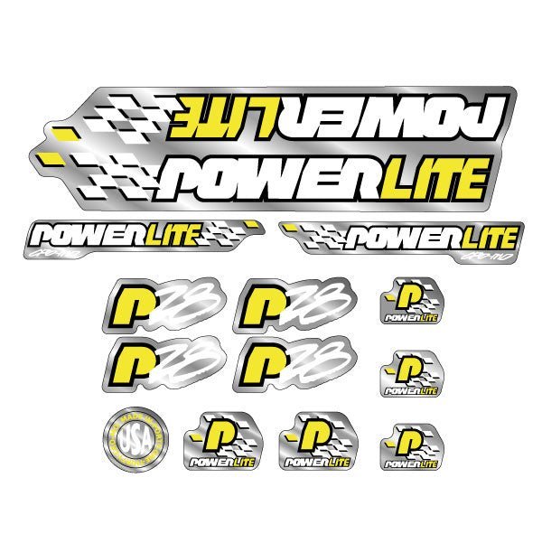Powerlite - P28 - Yellow White Black on Chrome decal set - old school bmx - Bmx Products AU