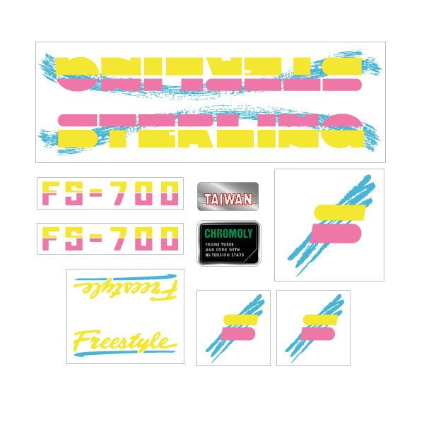 Sterling - FS - 700 Freestyle decal set - Yellow Pink on clear - Old school bmx - Bmx Products AU