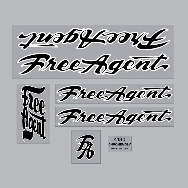 Free Agent - 84 - 89 - Black & White outline LONG FORK on clear decal set - old school bmx - Bmx Products AU