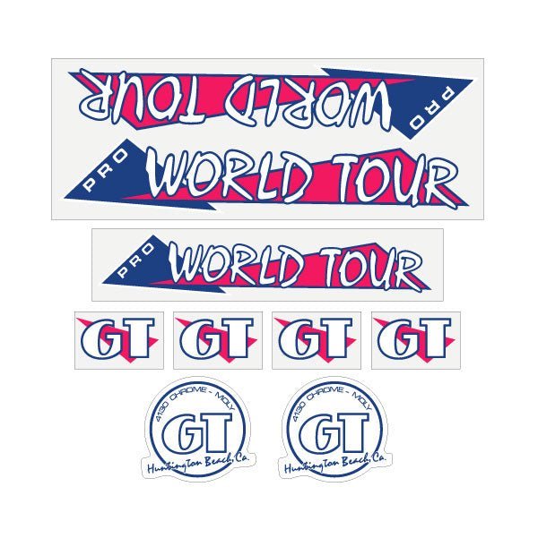GT - 1986 PRO World Tour - Pink and blue on clear - decal set - Old school bmx - Bmx Products AU