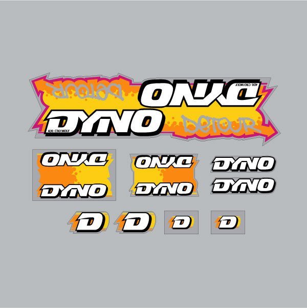 DYNO - 1988 DETOUR - CLEAR DETOUR WORD - Orange yellow on chrome decal set - old school bmx - Bmx Products AU