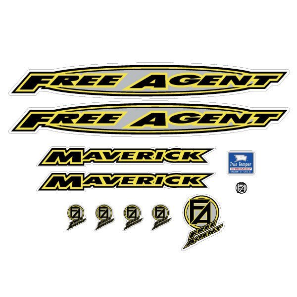 Free Agent - 96 Maverick - Yellow Black & Silver clear decal set - old school bmx - Bmx Products AU