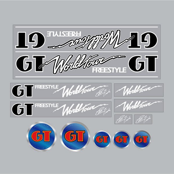 GT - 1985 World Tour Freestyle decal set on clear - Old school bmx - Bmx Products AU