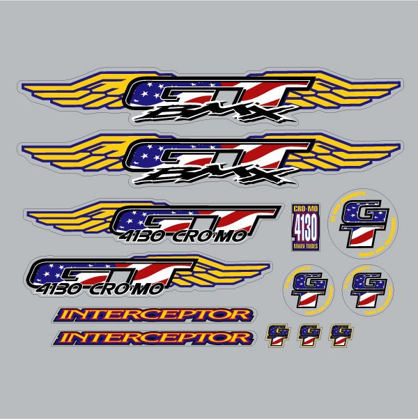 GT - 1997 Interceptor CUSTOM USA FLAG with yellow wings decal set - Old school bmx - Bmx Products AU