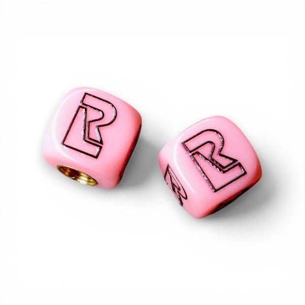 Redline - R Logo Dice Tire Valve Caps (Pair) - Pink - old school bmx - Bmx Products AU