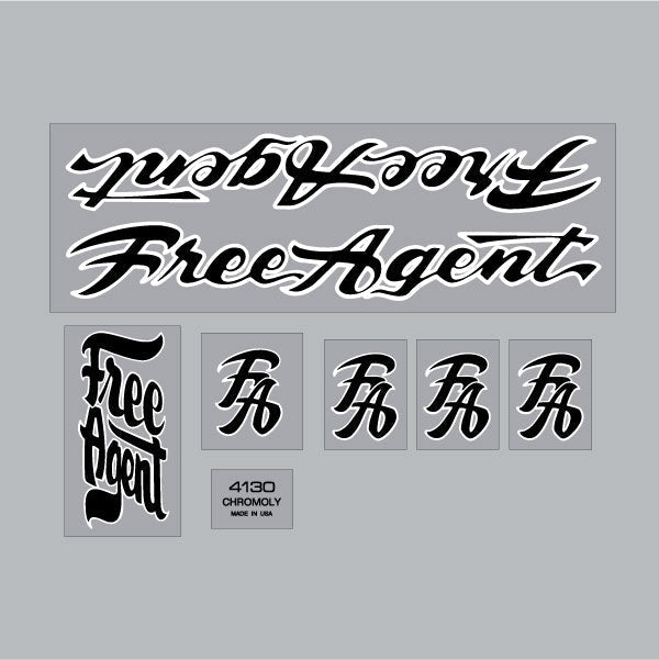 Free Agent - 84 - 89 - Black & White outline SHORT FORK on clear decal set - old school bmx - Bmx Products AU