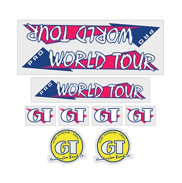 GT - 1986 PRO World Tour - Pink, blue & Yellow on clear - decal set - Old school bmx - Bmx Products AU