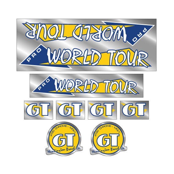 GT - 1986 PRO World Tour - Yellow and blue on chrome - decal set - Old school bmx - Bmx Products AU