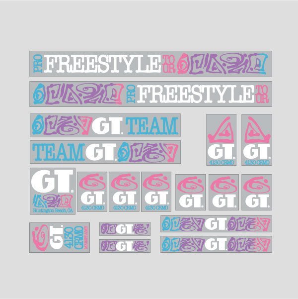 GT - 1989 Pro Freestyle TOUR TEAM - White on Clear decal set - Old school bmx - Bmx Products AU