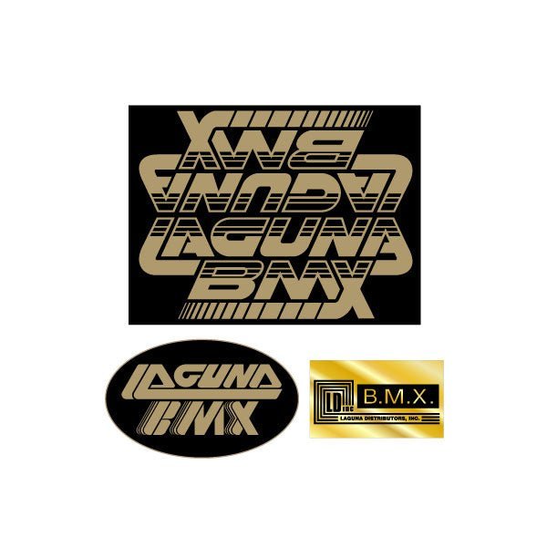 Laguna - Slanted Font for alloy frame Black gold decal set - old school bmx - Bmx Products AU