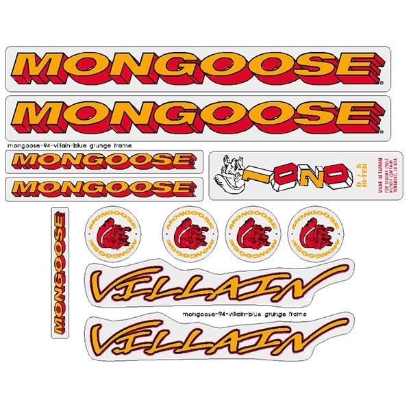 Mongoose - 1994 Villain for blue "grunge" or chrome frame - Decal set - old school bmx - Bmx Products AU