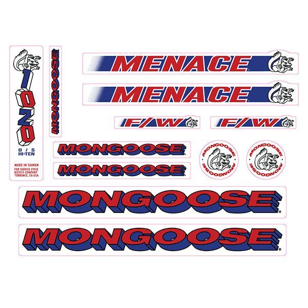 Mongoose - 1995 Menace - Blue Red - Decal set - old school bmx - Bmx Products AU