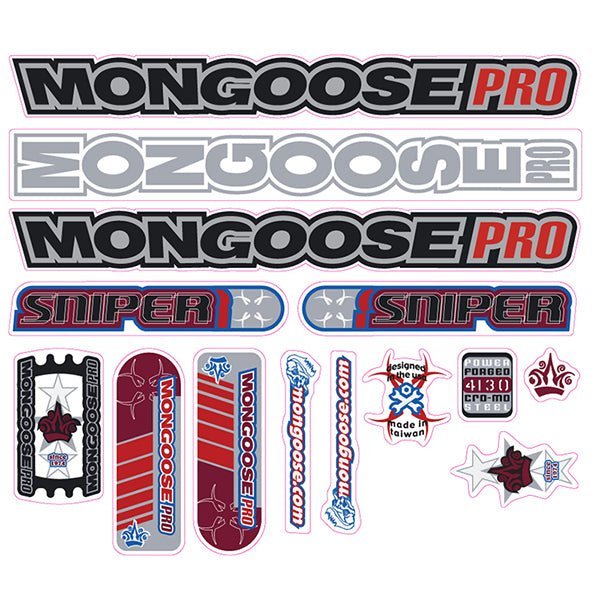 Mongoose - 2001 Sniper Silver Red for black frame - Decal set - old school bmx - Bmx Products AU