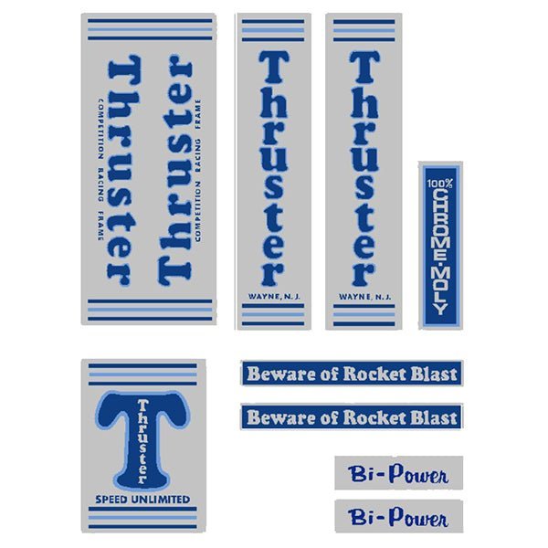 Thruster - BI POWER BLUE T on chrome decal set - old school bmx - Bmx Products AU